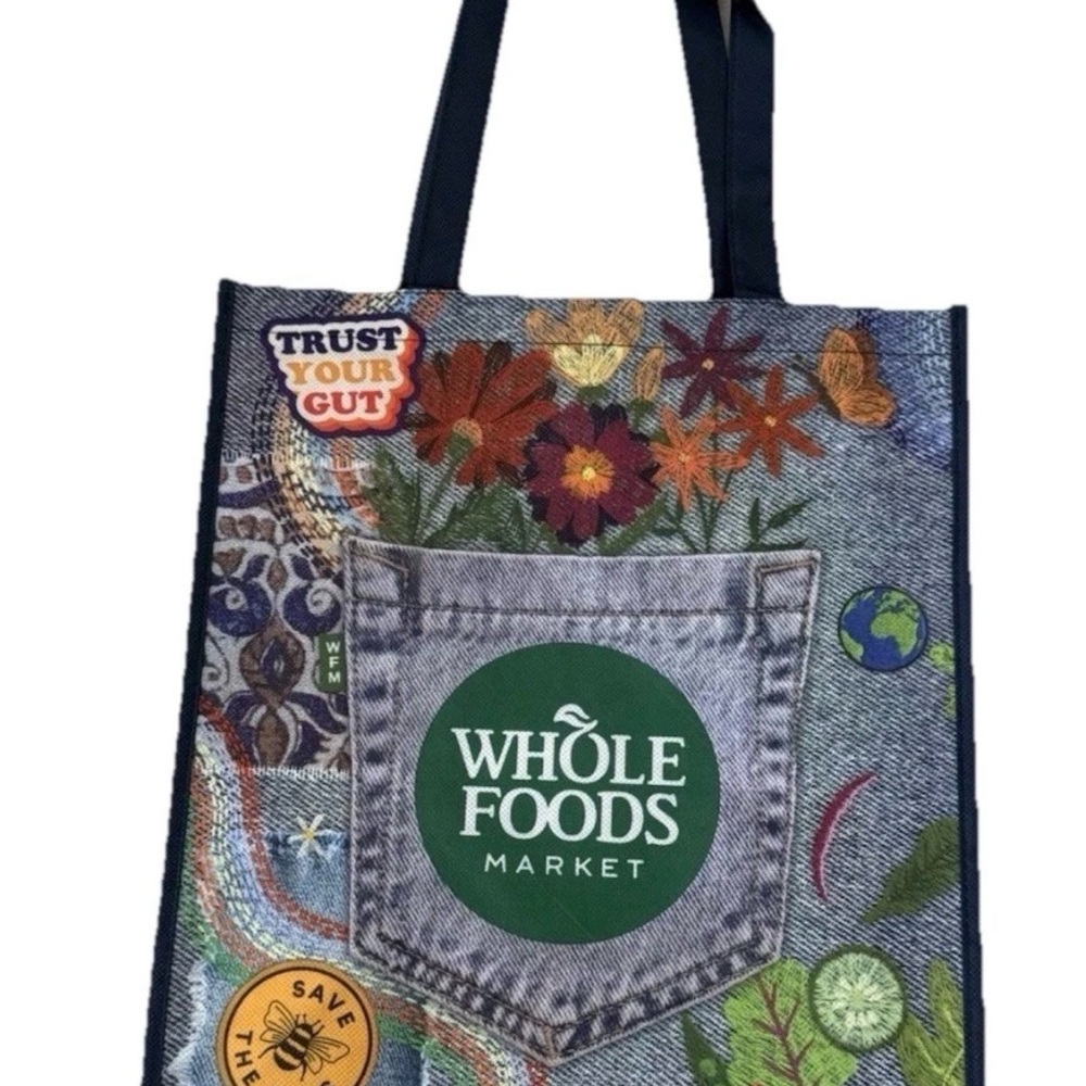 Whole Foods Market jeans print reusable bag new (set of 2)